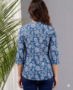 Indigo Blue Floral Cotton Top for Women | Casual 3/4 Sleeve College Wear Top