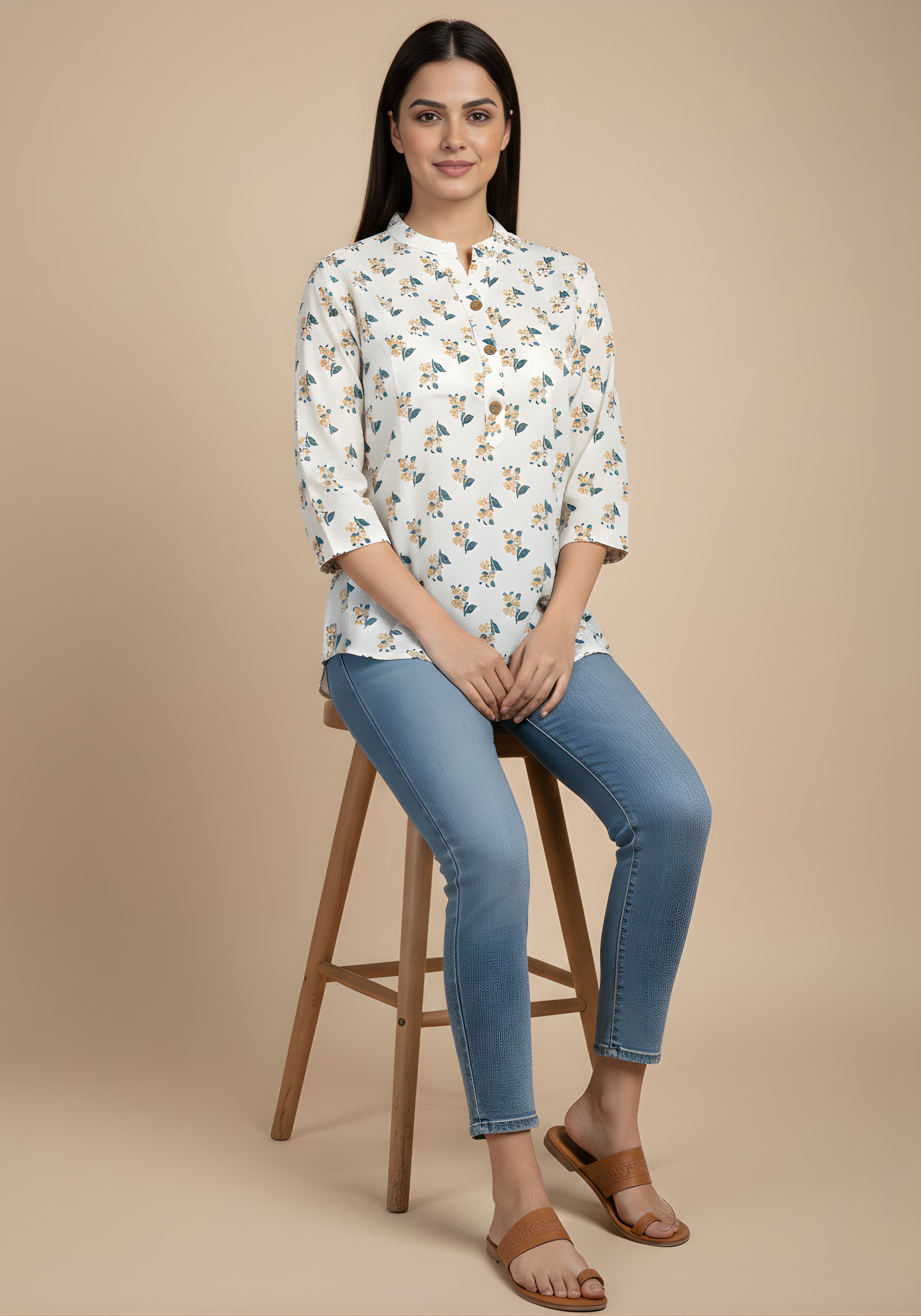 Off White Cotton Printed Top for Women