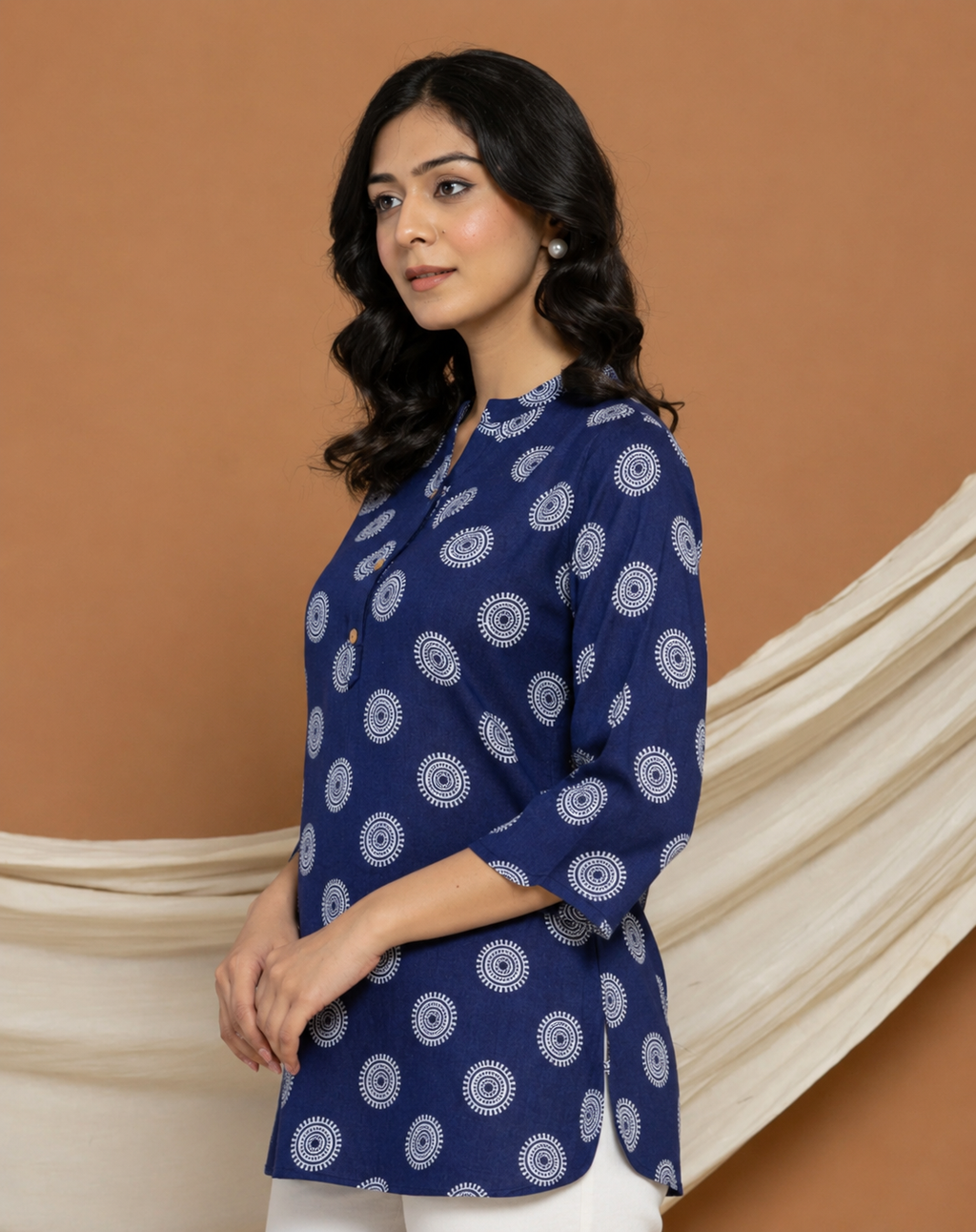 Navy Blue Cotton Printed Top for Women | Casual College Wear 3/4 Sleeve Top