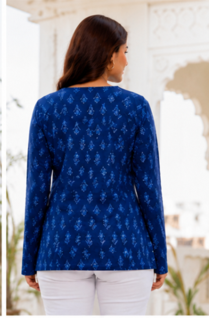 Women’s Navy Blue Printed Cut-Out ( Covertable) Neck Top | Full Sleeves Casual & Office Wear Top