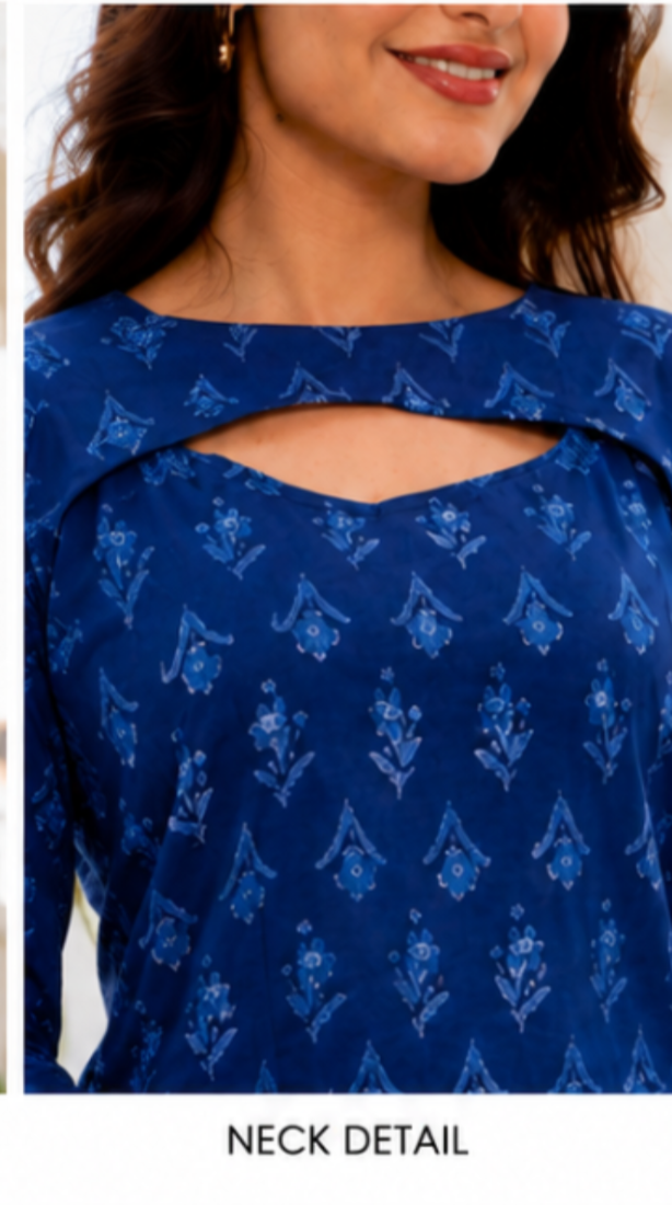 Women’s Navy Blue Printed Cut-Out ( Covertable) Neck Top | Full Sleeves Casual & Office Wear Top