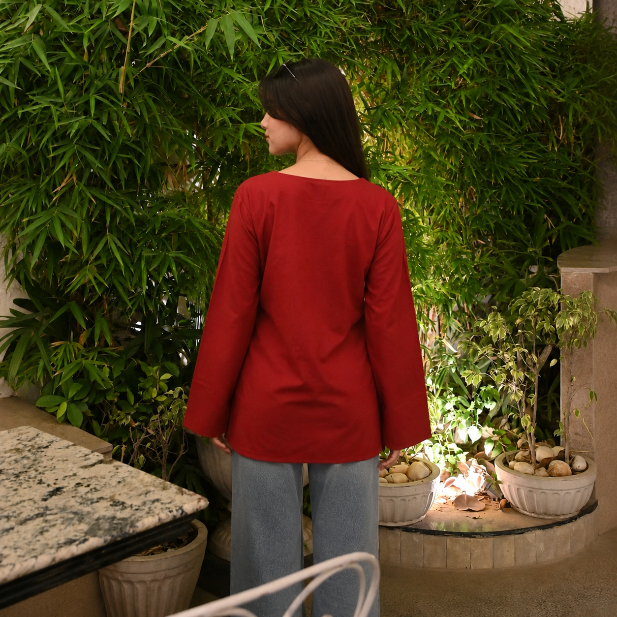 Premium Maroon V-Neck Bell Sleeve Cotton Top for Women – Elegant Casual Wear
