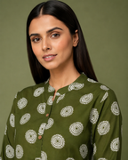 Olive Green Cotton Printed Top for Women | Casual College Wear 3/4 Sleeve Top