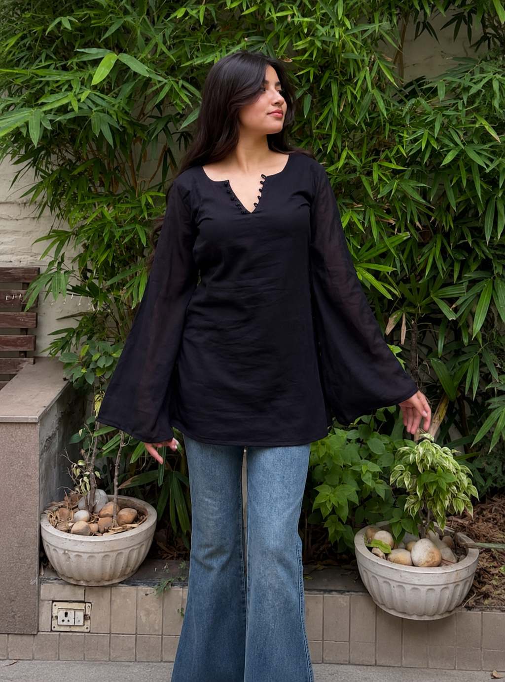 Women’s Black Bell Sleeve Tunic Top | V-Neck Casual Long Top for Women