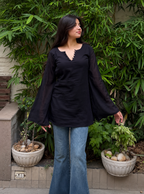 Women’s Black Bell Sleeve Tunic Top | V-Neck Casual Long Top for Women