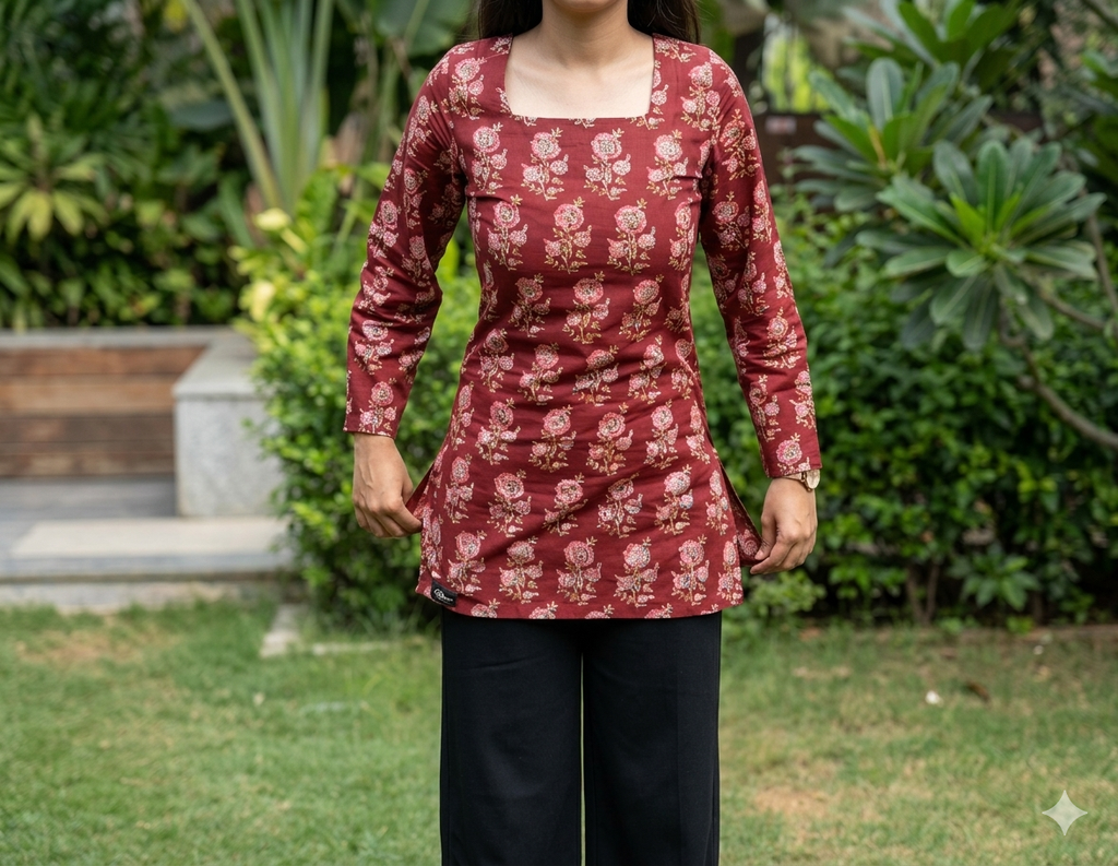 Premium Maroon Floral Printed Cotton Kurti Top ✨