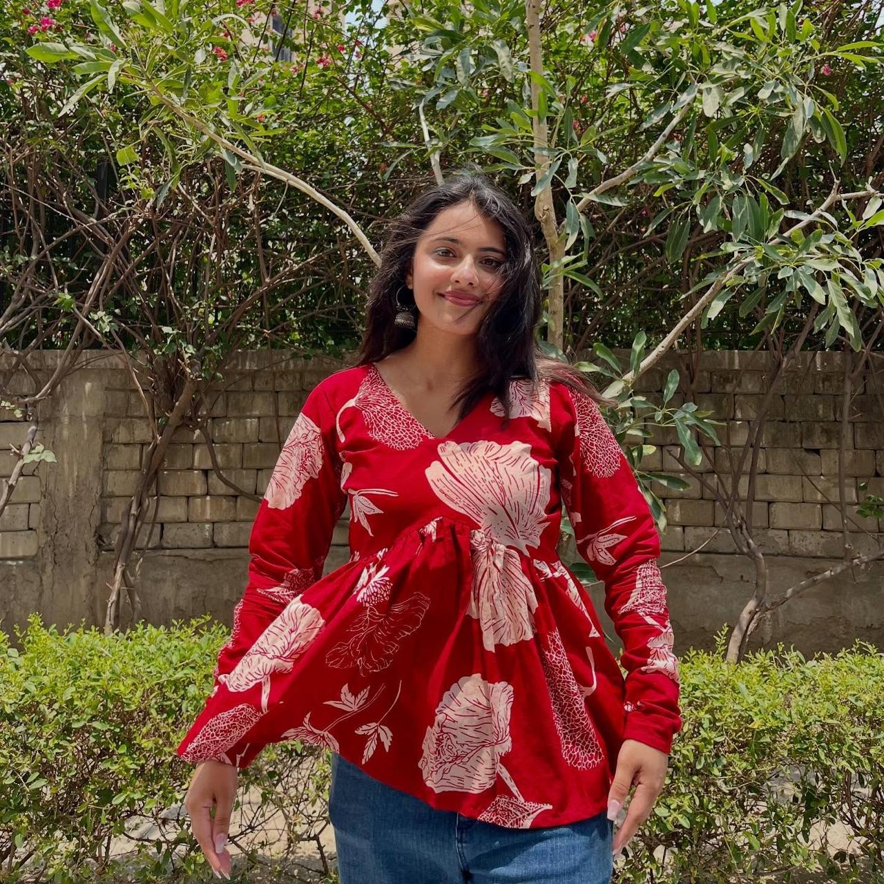 Red Floral Cotton Top for Women | V-Neck Casual College Wear Top