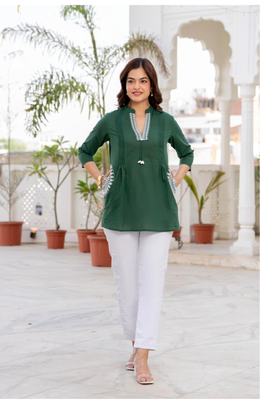 Women's Cotton Kurti, Green, Embroidered Neckline with Tassel Detail, 3/4 Sleeves
