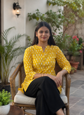 Women's Mustard Yellow Ikat Printed Cotton Short Kurti Top