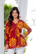 Maroon Floral Cotton Top for Women | V-Neck Casual College Wear Top