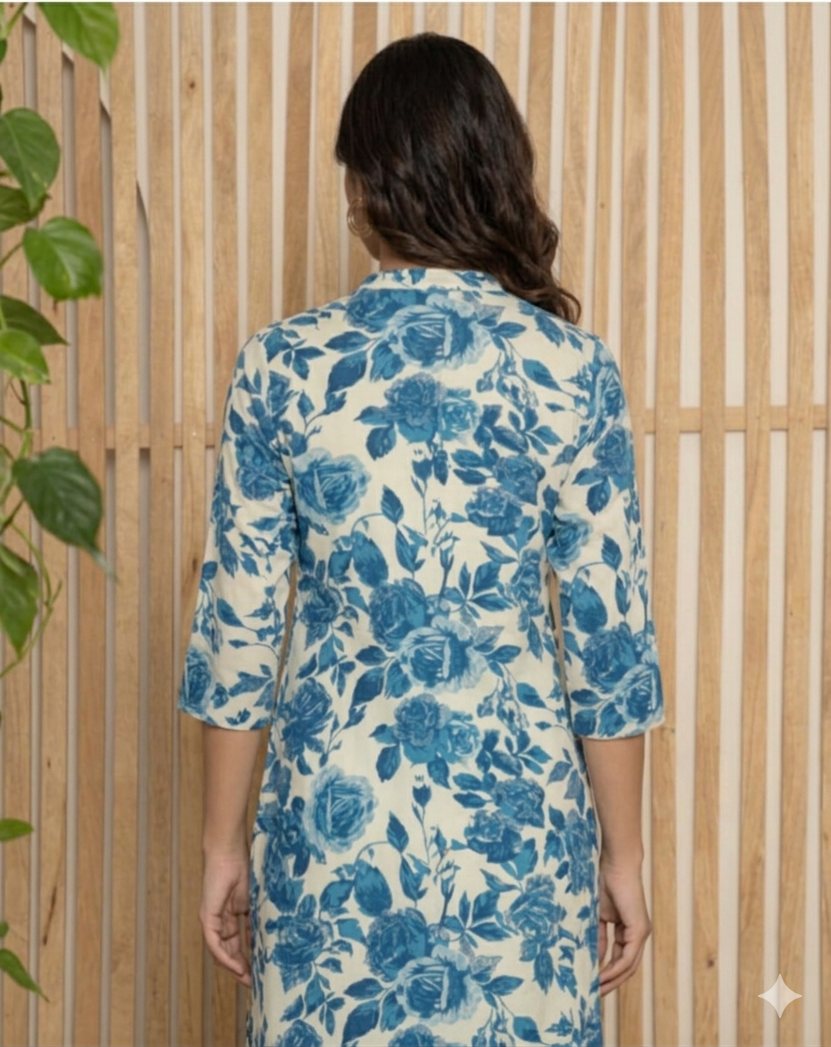 Off White & Blue Floral Cotton Top for Women