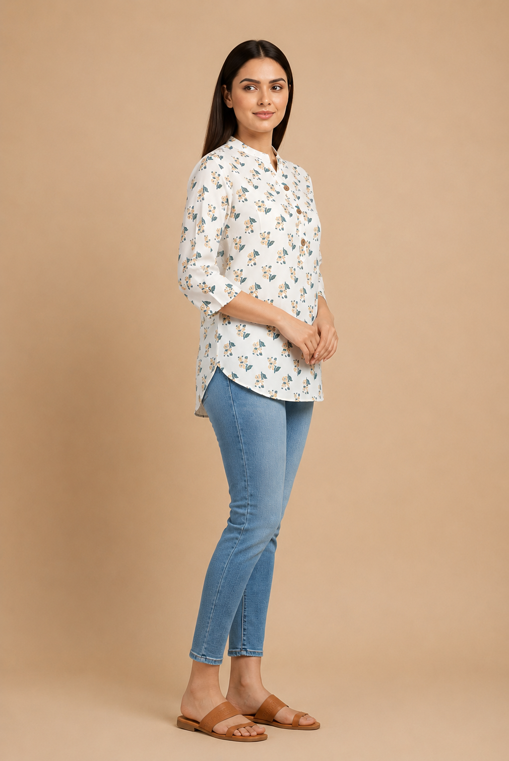 Off White Cotton Printed Top for Women