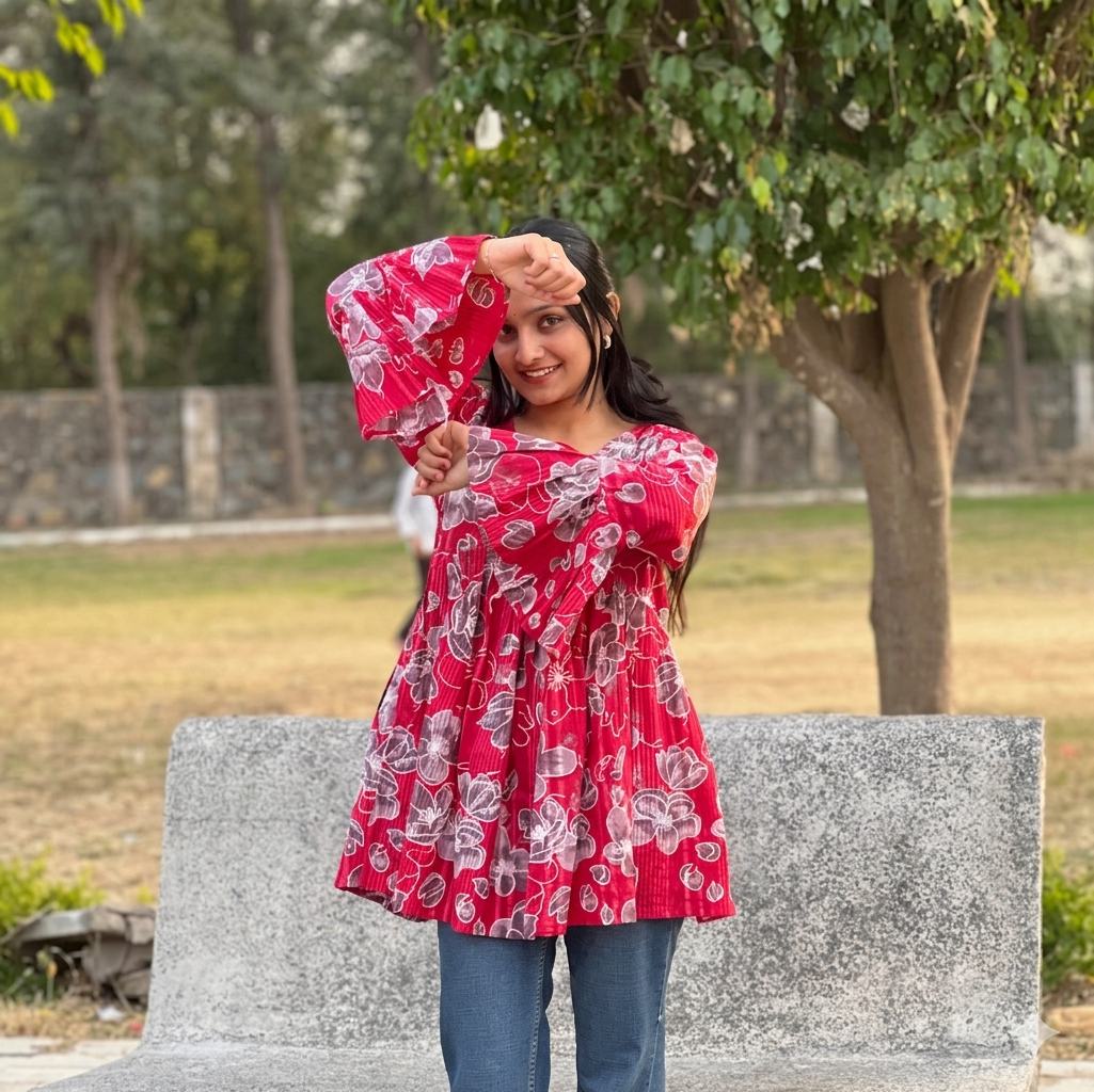 Women's Magenta Floral Printed Short Kurti | Casual Flared Tunic Top with Tiered Bell Sleeves