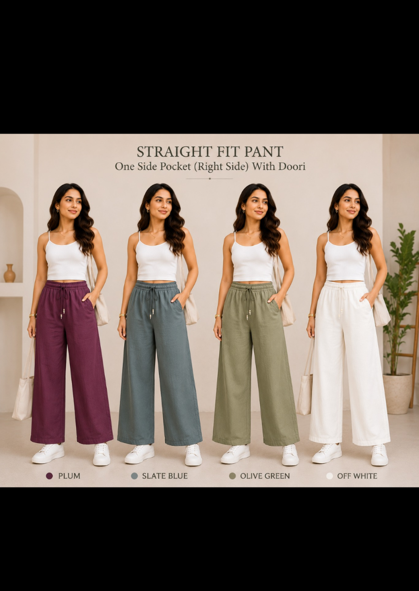 Rakoon Women's pure Cotton  Straight Fit Wide Leg Trousers | Loose Fit Palazzo Pants with Adjustable Doori & Right Side Pocket