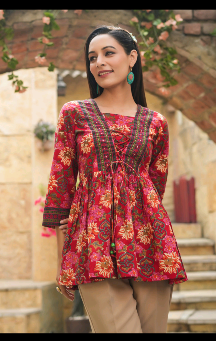 Rainbow Women’s Floral Printed Peplum Top with Lace-Up Detail | Stylish Casual Ethnic Top