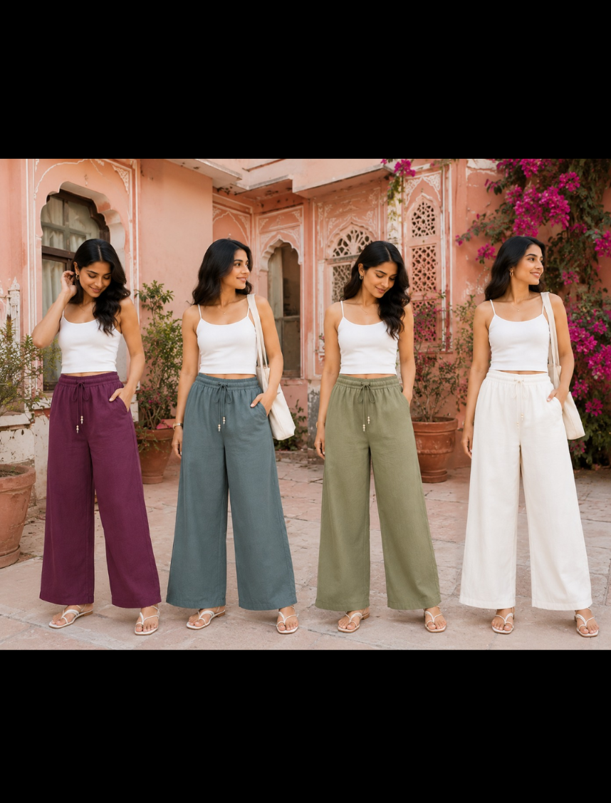 Rakoon Women's pure Cotton  Straight Fit Wide Leg Trousers | Loose Fit Palazzo Pants with Adjustable Doori & Right Side Pocket