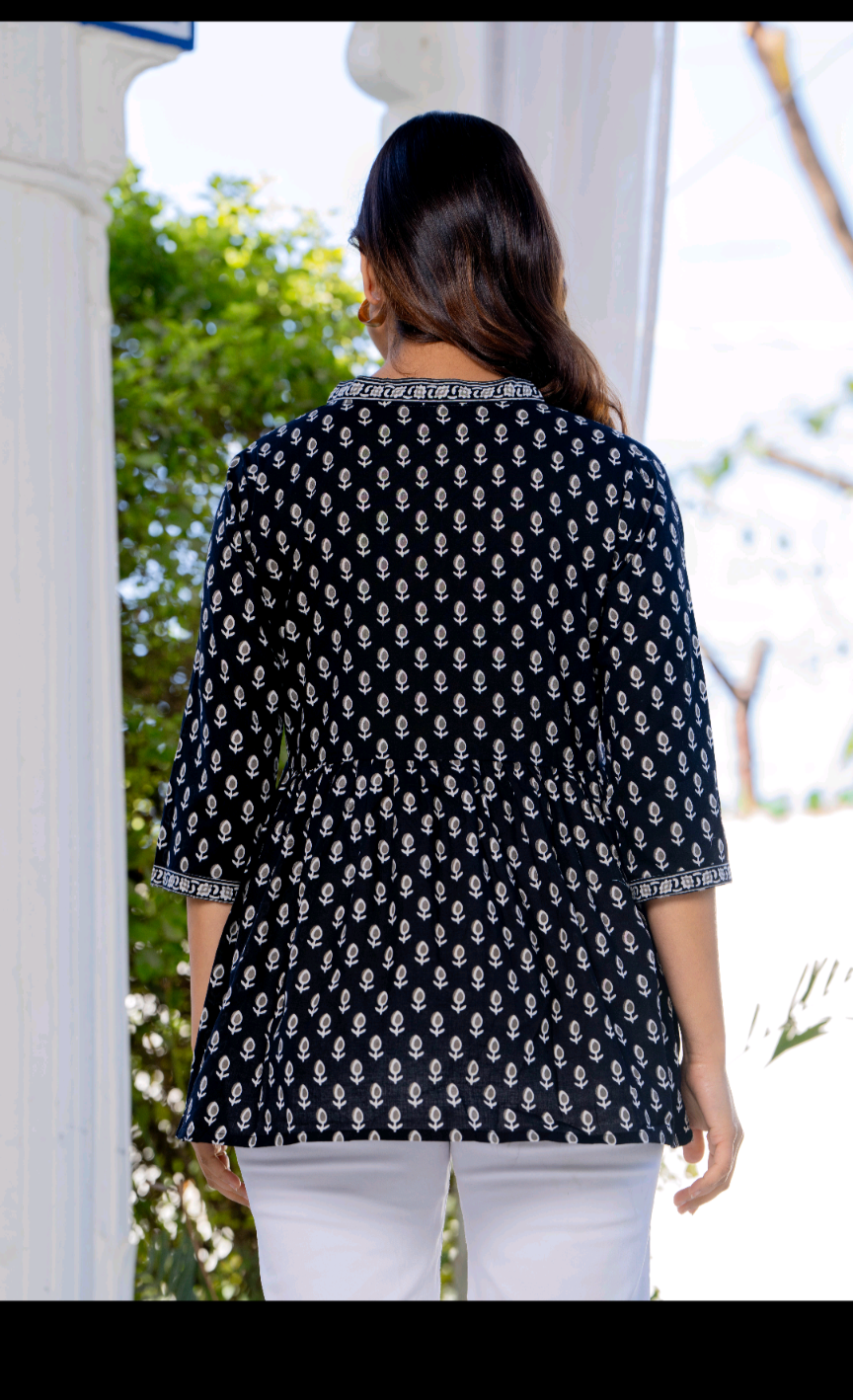 Stylish Black Printed Peplum Top for Women | Pure Cotton Casual & Office Wear Tunic Top