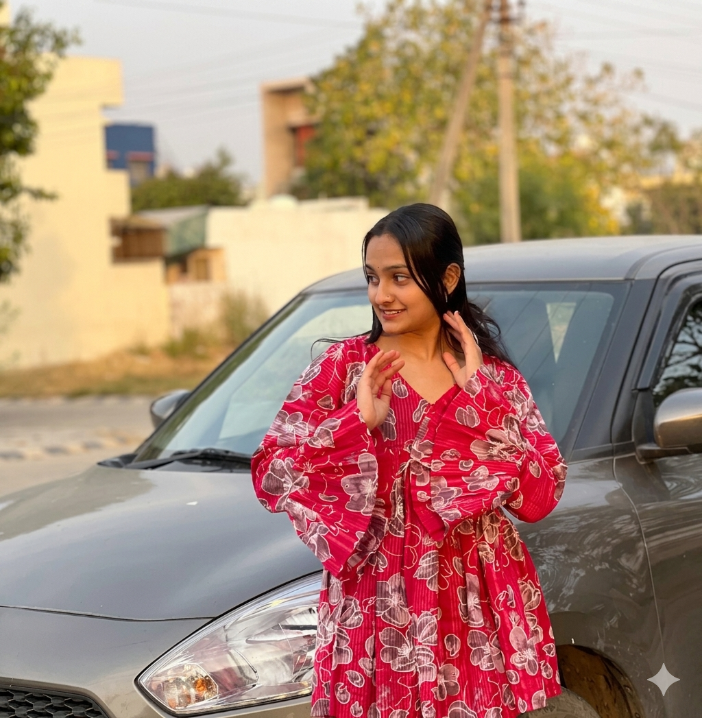 Women's Magenta Floral Printed Short Kurti | Casual Flared Tunic Top with Tiered Bell Sleeves