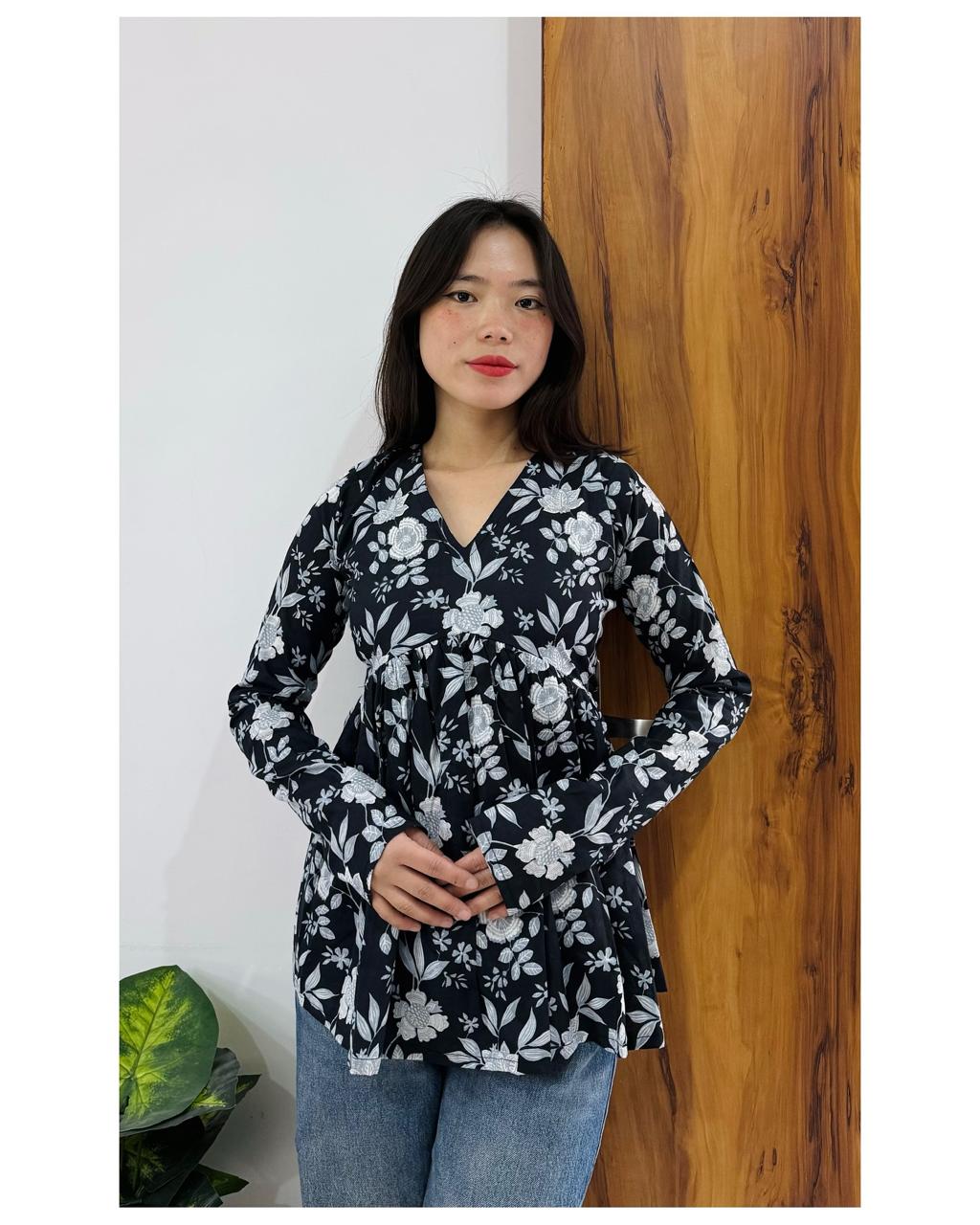 Black Floral Cotton Top for Women | V-Neck Casual College Wear Top