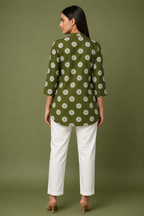 Olive Green Cotton Printed Top for Women | Casual College Wear 3/4 Sleeve Top