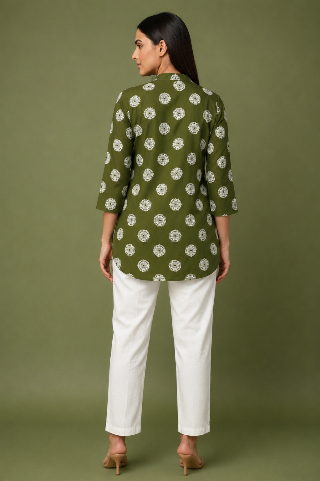 Olive Green Cotton Printed Top for Women | Casual College Wear 3/4 Sleeve Top