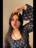 Women’s Premium Navy Blue Floral Cotton Top | Aesthetic Bell Sleeve Korean Style Top for Girls