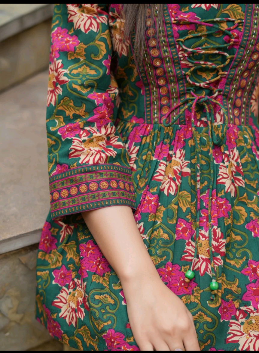 Women’s Floral Printed Peplum Top with Lace-Up Detail | Stylish Casual Ethnic Top