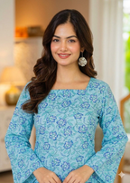 Floral Block Print Square Neck Tunic with Bell Sleeves – Sky Blue