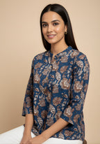 Steel Blue Floral Cotton Top for Women | Casual 3/4 Sleeve