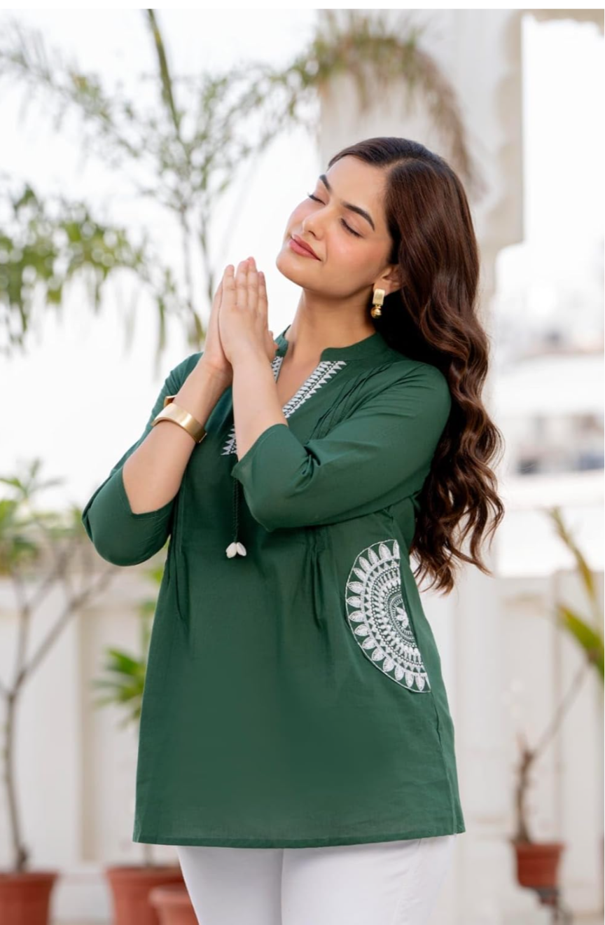 Women's Cotton Kurti, Green, Embroidered Neckline with Tassel Detail, 3/4 Sleeves