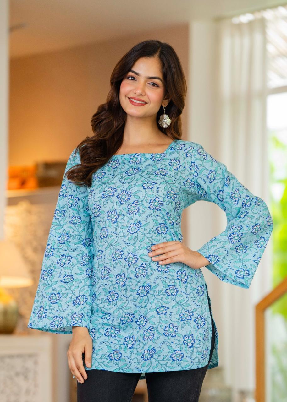 Floral Block Print Square Neck Tunic with Bell Sleeves – Sky Blue