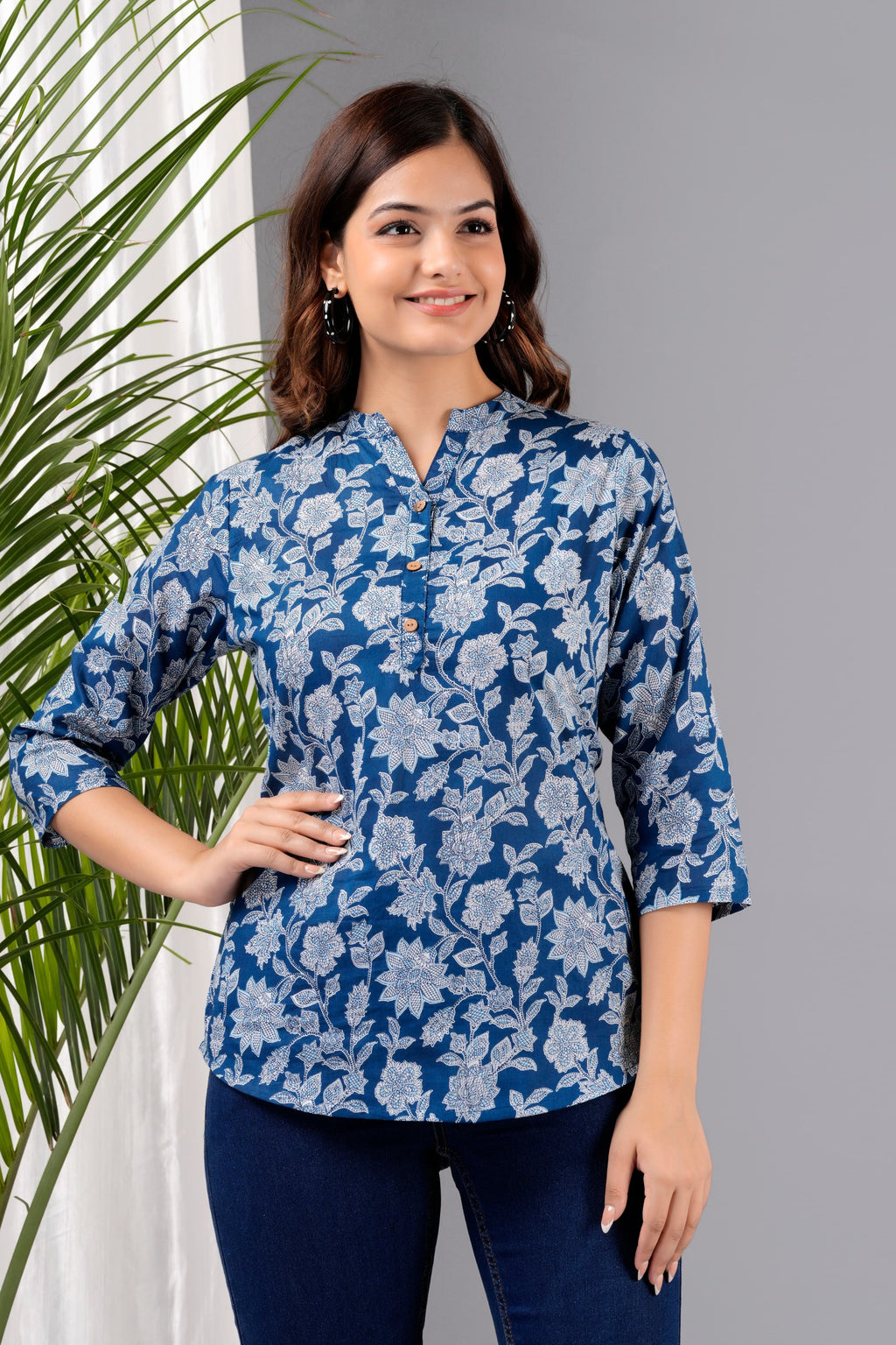 Indigo Blue Floral Cotton Top for Women | Casual 3/4 Sleeve College Wear Top