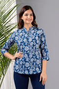 Indigo Blue Floral Cotton Top for Women | Casual 3/4 Sleeve College Wear Top