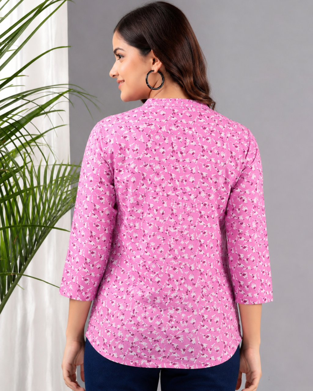 Pink Cotton Printed Top for Women | Casual 3/4 Sleeve College Wear Top