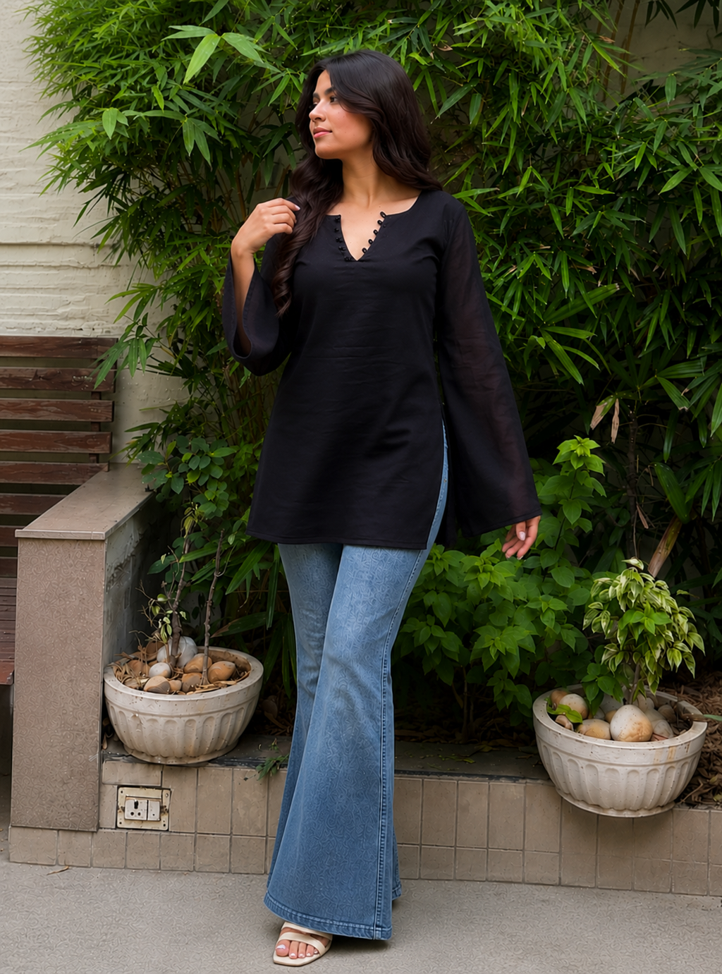 Women’s Black Bell Sleeve Tunic Top | V-Neck Casual Long Top for Women
