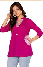 Women's Cotton Kurti, Pink, Embroidered Neckline with Tassel Detail, 3/4 Sleeves