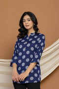 Navy Blue Cotton Printed Top for Women | Casual College Wear 3/4 Sleeve Top
