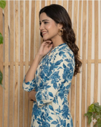 Off White & Blue Floral Cotton Top for Women