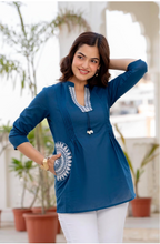 Women's Cotton Kurti, Blue, Embroidered Neckline with Tassel Detail, 3/4 Sleeves