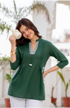 Women's Cotton Kurti, Green, Embroidered Neckline with Tassel Detail, 3/4 Sleeves