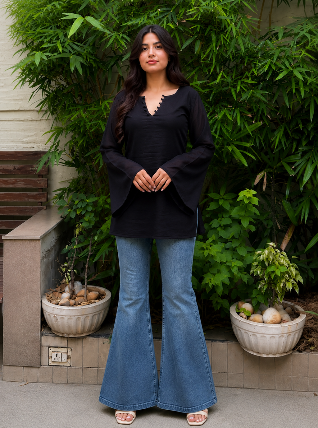 Women’s Black Bell Sleeve Tunic Top | V-Neck Casual Long Top for Women