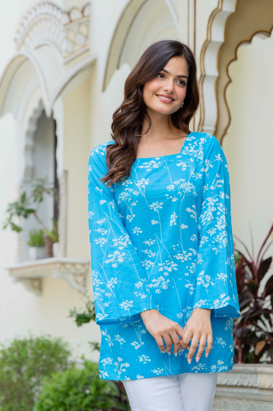 Sky Blue Floral Cotton Top for Women | Elegant Relaxed Fit Summer Top