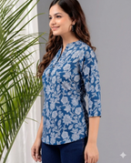 Indigo Blue Floral Cotton Top for Women | Casual 3/4 Sleeve College Wear Top
