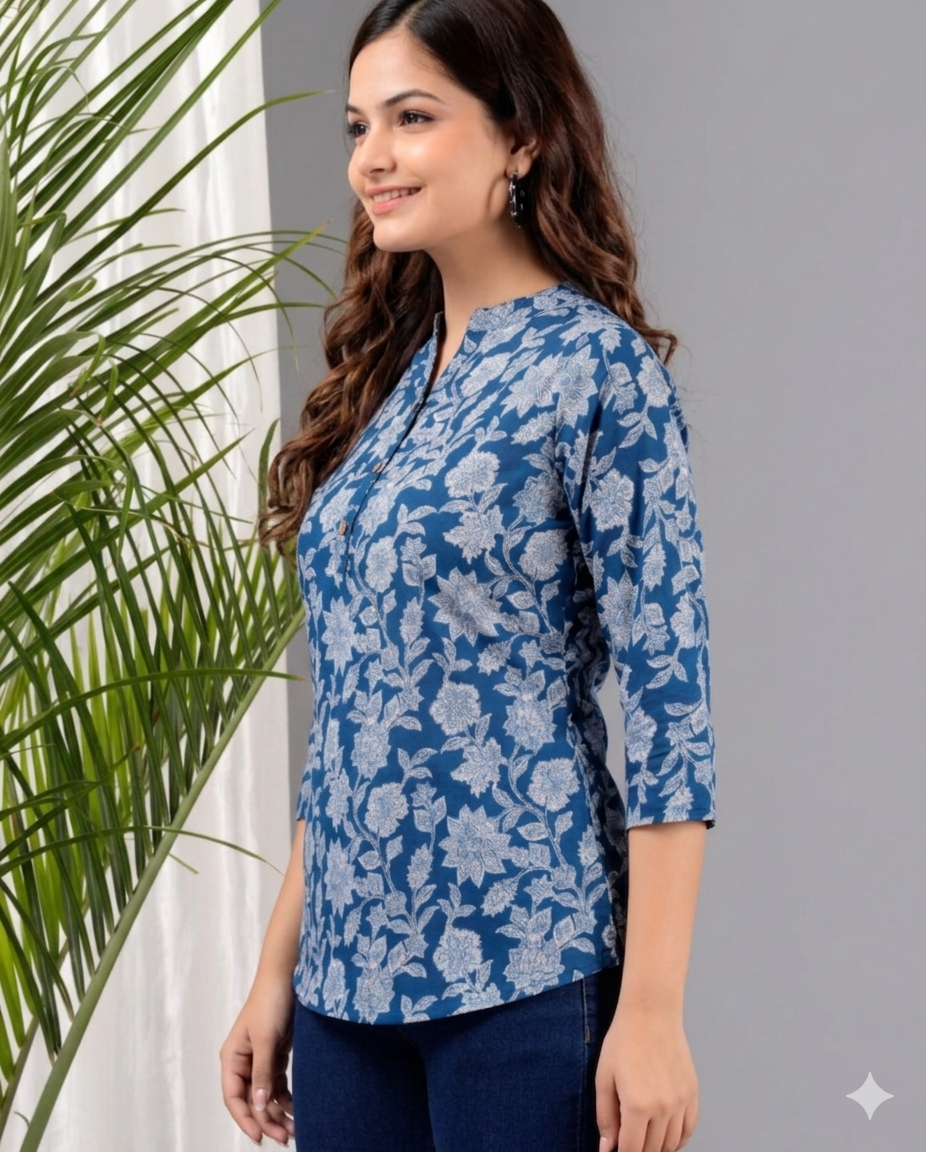 Indigo Blue Floral Cotton Top for Women | Casual 3/4 Sleeve College Wear Top