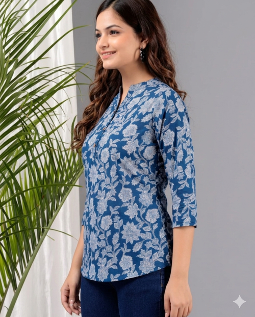 Indigo Blue Floral Cotton Top for Women | Casual 3/4 Sleeve College Wear Top