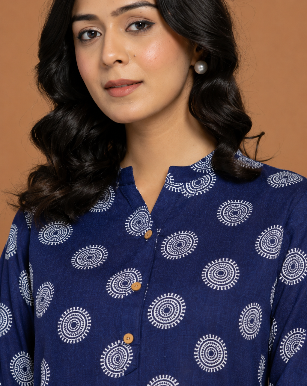 Navy Blue Cotton Printed Top for Women | Casual College Wear 3/4 Sleeve Top