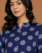 Navy Blue Cotton Printed Top for Women | Casual College Wear 3/4 Sleeve Top