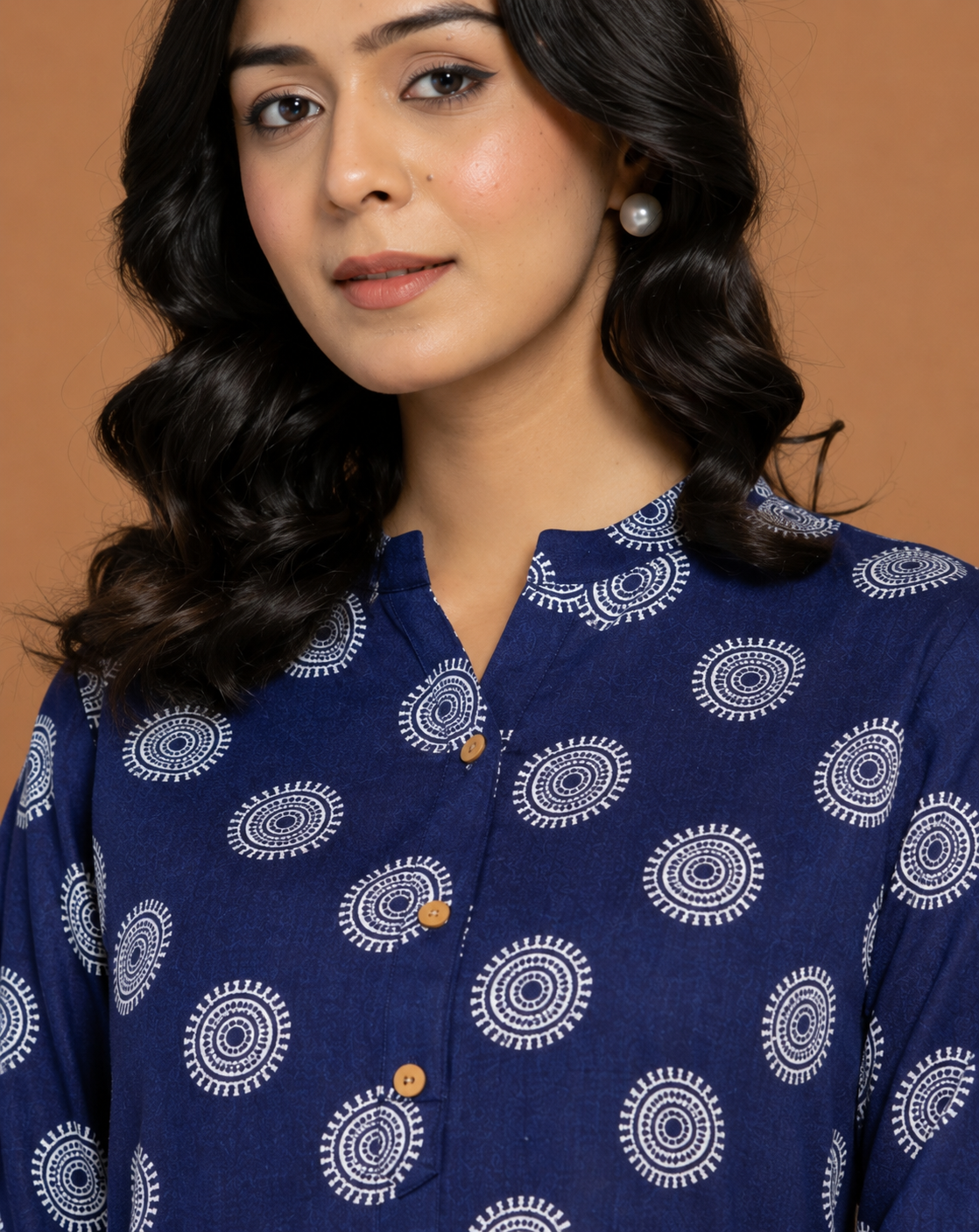 Navy Blue Cotton Printed Top for Women | Casual College Wear 3/4 Sleeve Top