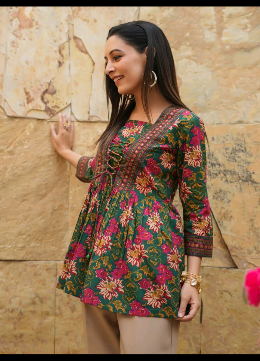 Women’s Floral Printed Peplum Top with Lace-Up Detail | Stylish Casual Ethnic Top