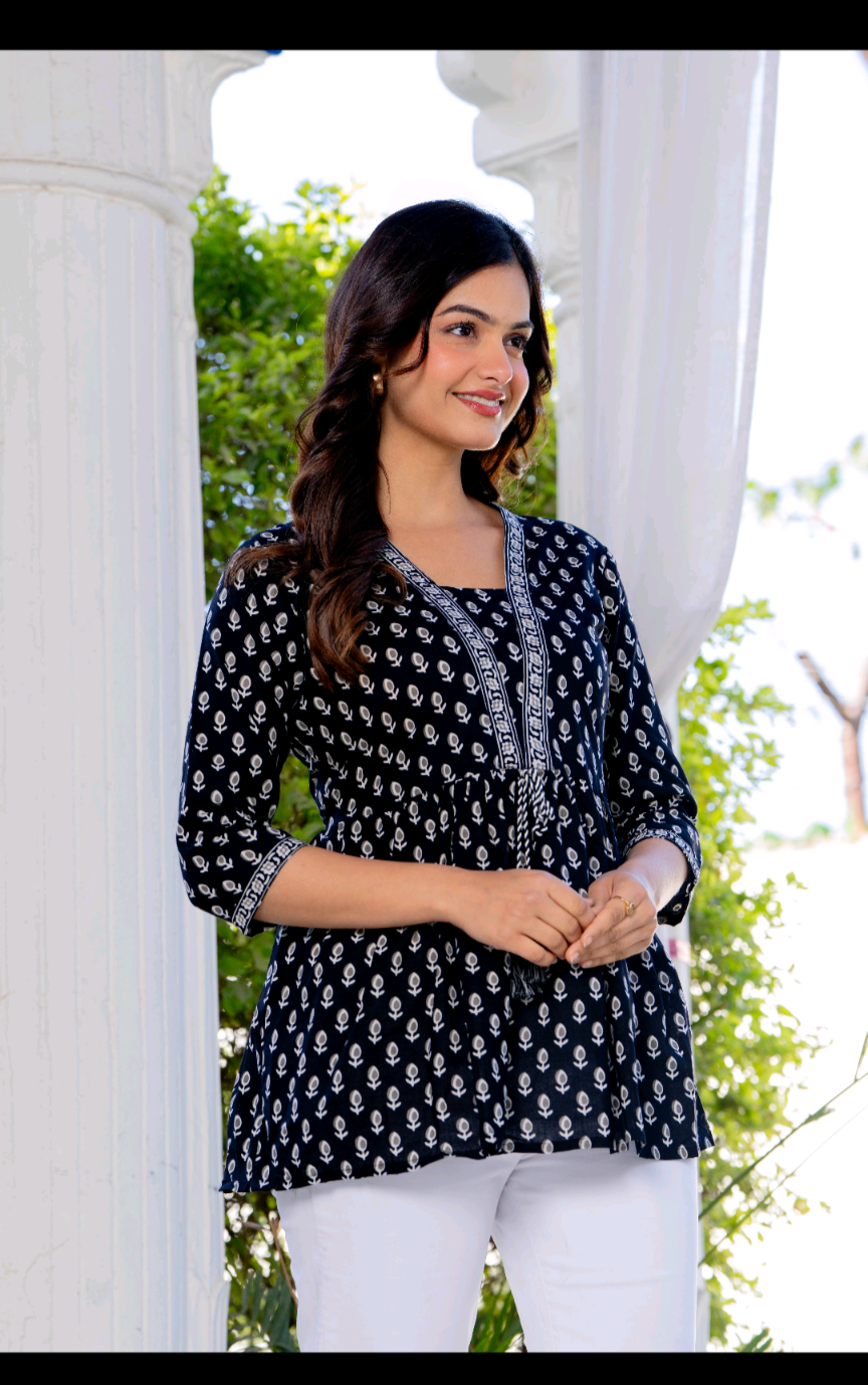 Stylish Black Printed Peplum Top for Women | Pure Cotton Casual & Office Wear Tunic Top
